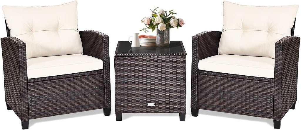 COSTWAY 3PCS Patio Furniture Set, PE Rattan Wicker Sofa w/Washable Cushion and Coffee Table, Tempered Glass Tabletop, Outdoor Conversation Set for Balcony, Porch, Yard, Backyard, Lawn, White