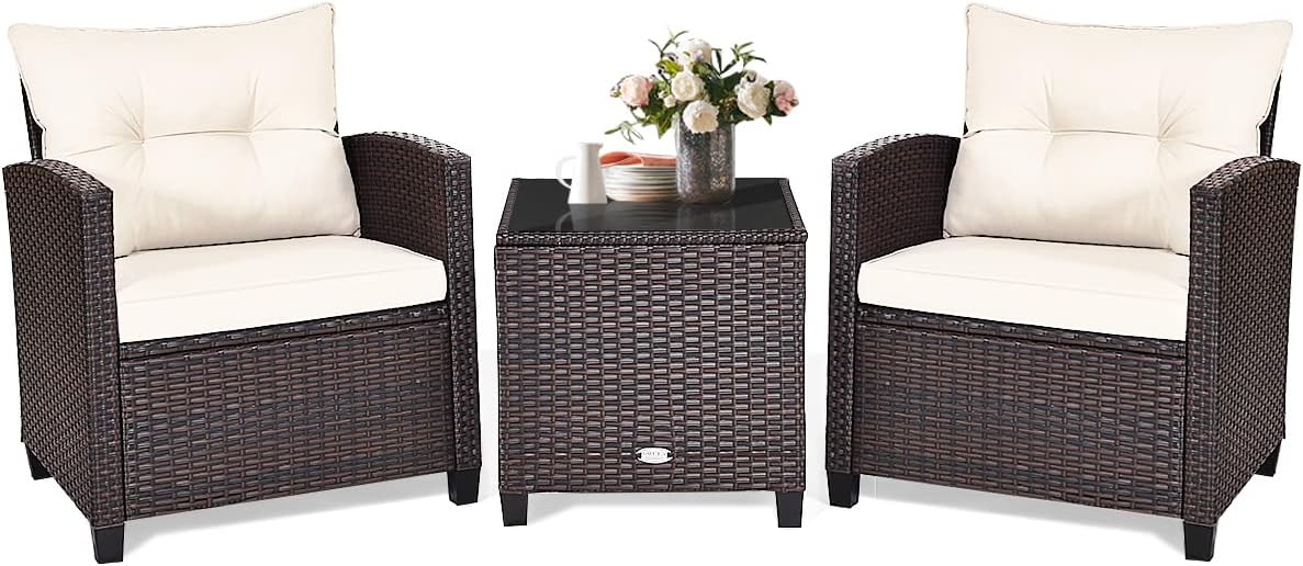 COSTWAY 3PCS Patio Furniture Set, PE Rattan Wicker Sofa w/Washable Cushion and Coffee Table, Tempered Glass Tabletop, Outdoor Conversation Set for Balcony, Porch, Yard, Backyard, Lawn, White