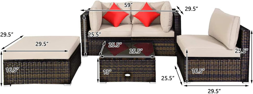 COSTWAY 5-Piece Outdoor Patio Furniture Set, Glass Top Coffee Table and Lounge Sofa with Cushions, PE Rattan Conversation Set for Garden, Deck, Backyard (Beige)