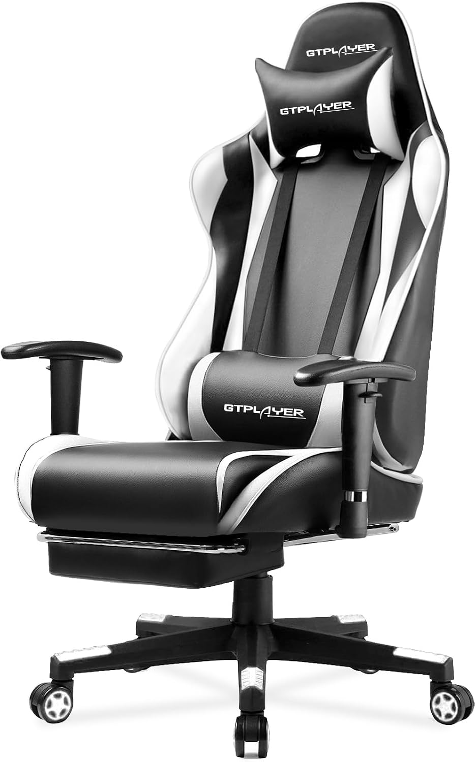 GTPLAYER Gaming Chair with Footrest, Ergonomic Computer Game Desk Chair, Recline Gaming Chair Seat Height Adjustment, Swivel Rocker with Headrest and Lumbar (White)