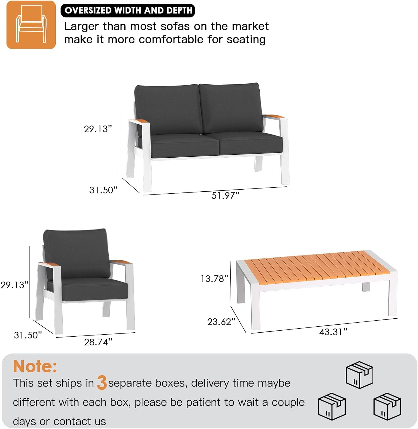 Aluminum Patio Furniture Set, 4 Piece Modern Outdoor Coversation Sets with Teak Coffee Table, Metal Sectional Sofa Couch for Porch, Balcony, Deck, Dark Gray