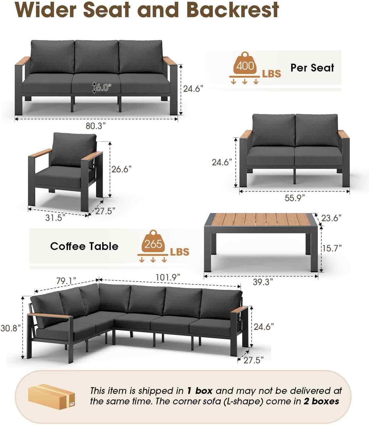 Aluminum Outdoor Patio Furniture Loveseat, All-Weather Patio Conversation Sets with Washable Thick Cushion, Morden Patio Furniture Set for Porch, Balcony, Deck, Yard, Graphite