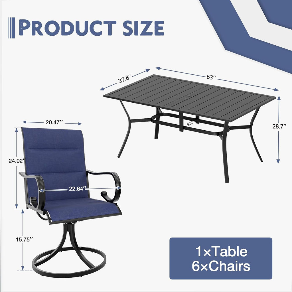 MELLCOM 7 Pieces Outdoor Dining Set, 6 Swivel Rocker Chairs with High Back Textilene & Rectangular Metal Dining Table with Umbrella Hole, Patio Furniture Set for Porch, Garden, Backyard, Blue