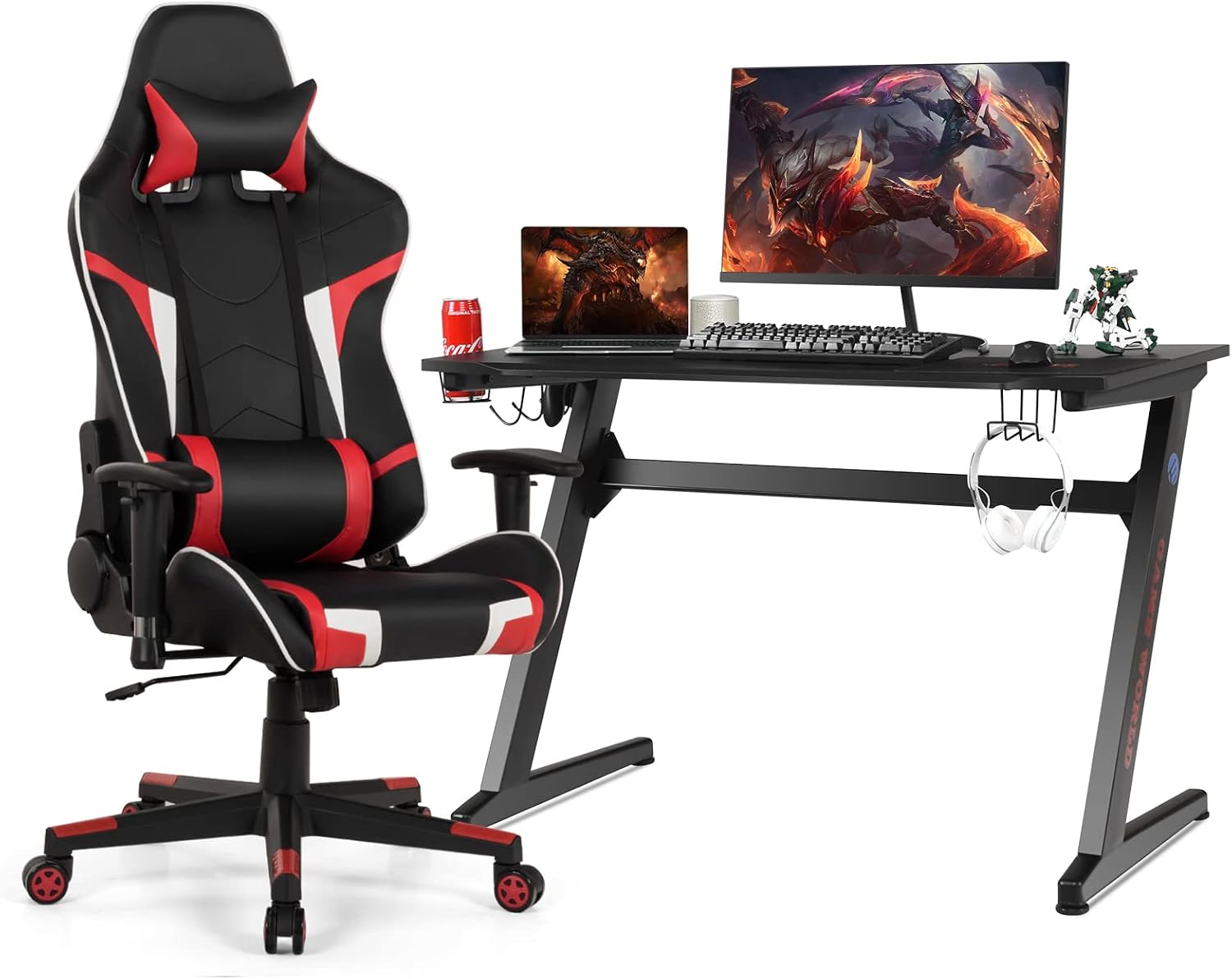 GYMAX Gaming Chair, Massage Gaming Chairs for Adults with Headrest, Lumbar Support & Armrest, Video Computer Reclining Gaming Chair, Office Desk Gamer Task Chair (Red Chair with Black Z-Shape Desk)