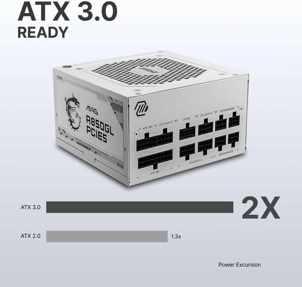 MSI MAG A850GL PCIE5 White, Fully Modular Compact Gaming 850W Power Supply, 80+ Gold, ATX 3.1 & PCIe 5.1 Ready, Native Dual-Color 12V-2x6 Cable, 10 Year Warranty