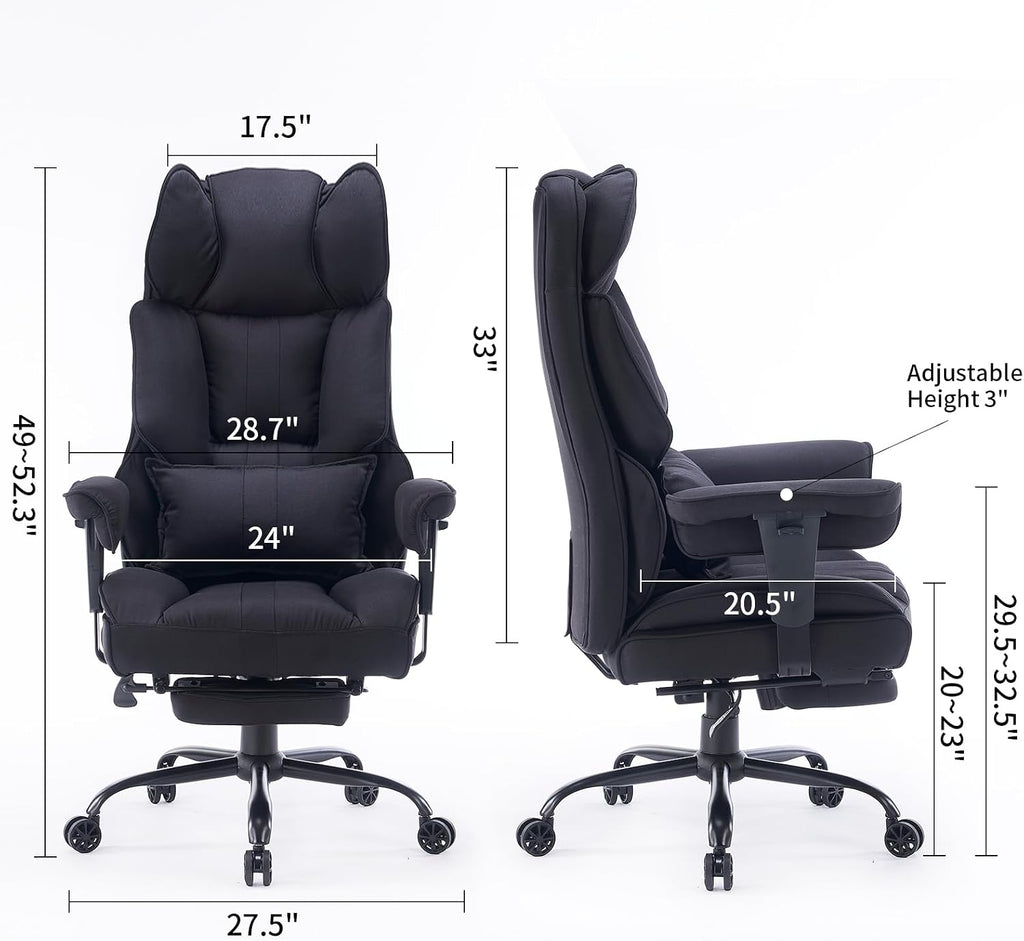 Efomao Big and Tall Office Chair 400 lb Weight Capacity, High Back Executive Office Chair with Foot Rest, Fabric Computer Chair for Back Pain Relief, Black