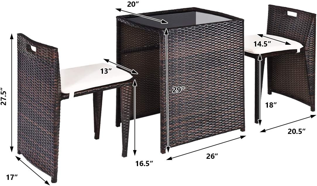 Giantex 3 PCS Cushioned Outdoor Wicker Patio Set Convention Bistro Set with Patio Sofa Chairs Garden Lawn Space Saving Conversation Furniture No Assembly (Light Brown)