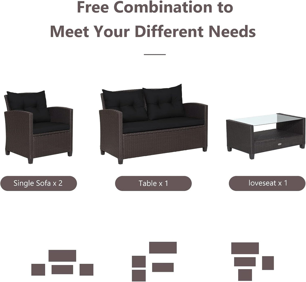 COSTWAY 4 Piece Patio Furniture Set, Outdoor Wicker Rattan Chairs and Loveseat with Cushions, Tempered Glass Coffee Table with Storage Shelf, Conversation Sofa Set for Poolside Backyard (Black)