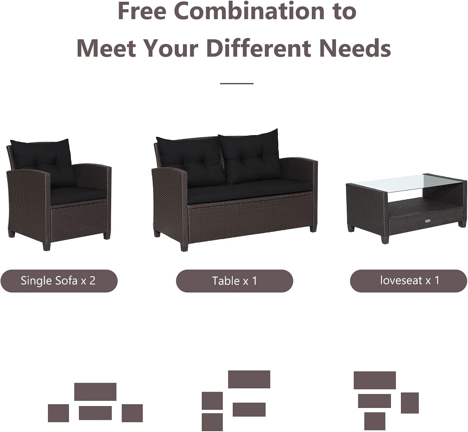COSTWAY 4 Piece Patio Furniture Set, Outdoor Wicker Rattan Chairs and Loveseat with Cushions, Tempered Glass Coffee Table with Storage Shelf, Conversation Sofa Set for Poolside Backyard (Black)