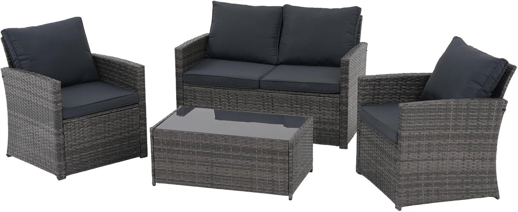 JOIVI 4 Piece Outdoor Patio Furniture Set, All-Weather Wicker Patio Conversation Set, PE Rattan Sofa Set with Loveseat Chair and Tempered Glass Coffee Table, Dark Gray
