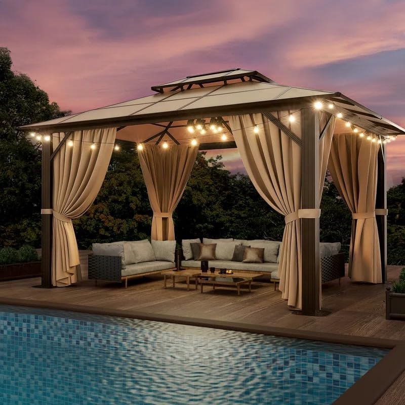 Hardtop Gazebo, 10FTx12FT Polycarbonate Double Top Canopy, Aluminum Frame Permanent Pavilion with Curtains and Netting, for Lawns, Patios, Gardens