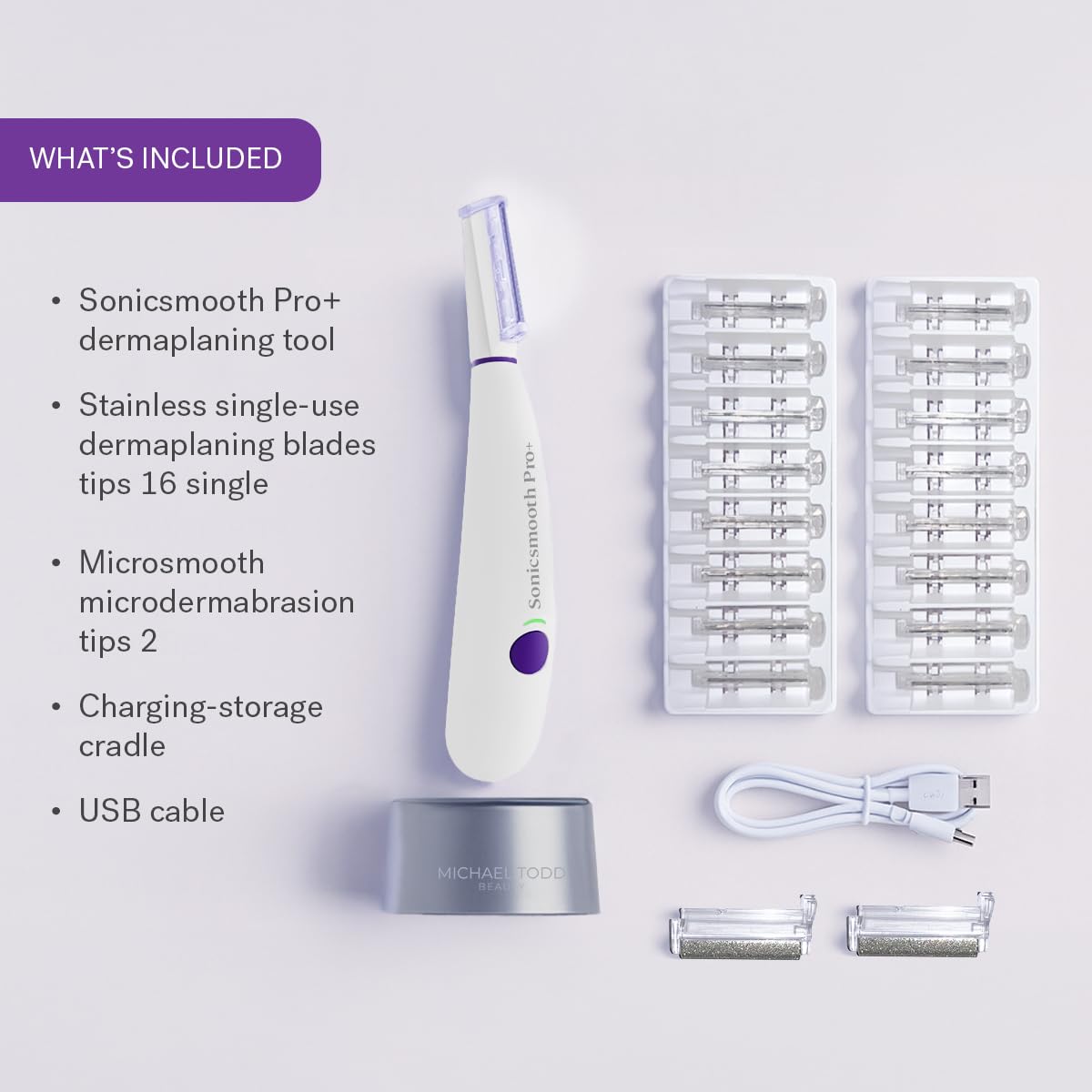 Michael Todd Beauty Sonicsmooth Pro+ Dermaplane Razor for Women Face + Eyebrow Trimmer Dermaplaning System w/LED Light Peach Fuzz Remover -16 Dermaplaning Blades & 2 Microsmooth Exfoliation Tips