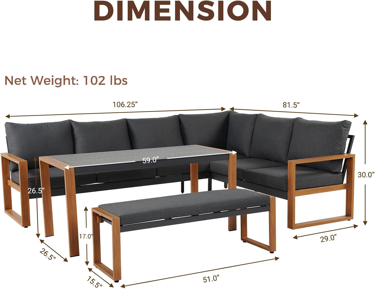 Grand patio Aluminum Patio Furniture Set, L Shaped Outdoor Sectional Sofa with Dining Table and Bench, Modern Outdoor Conversation Couch with Chaise, Faux Wood Grain Finish