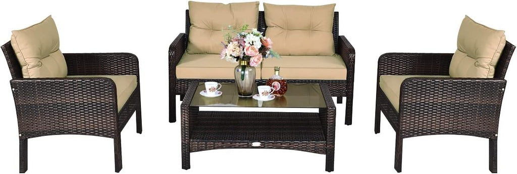 COSTWAY 4-Piece Patio Furniture Set, Sectional Wicker Rattan Sofa Chair with Cushion, Loveseat, Coffee Table with Tempered Glass and Shelf, Outdoor Conversation Sets for Poolside Porch (Brown)