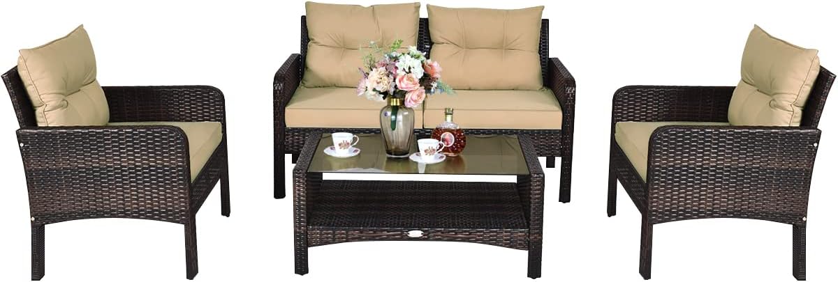 COSTWAY 4-Piece Patio Furniture Set, Sectional Wicker Rattan Sofa Chair with Cushion, Loveseat, Coffee Table with Tempered Glass and Shelf, Outdoor Conversation Sets for Poolside Porch (Brown)