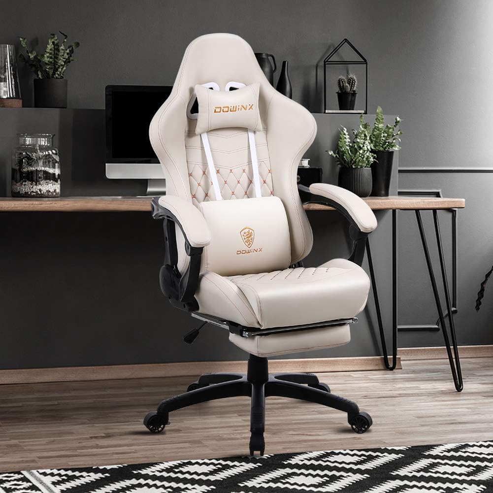 Dowinx Gaming Chair Big and Tall, Ergonomic Game Chair for Adults with Footrest and Massage Lumbar Support, High Back Computer Gamer Chair PU Leather, 350Lbs, for Office, Home, Ivory
