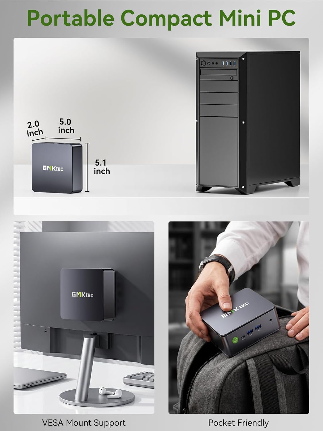 GMKtec Mini PC, G11 AMD Ryzen Embedded R2514 (Beats 4300U/N150), 16GB DDR4 RAM 512GB PCIe M.2 SSD, Business Office Personal Desktop Computer Dual NIC 2.5GbE USB-C HDMI Triple Display