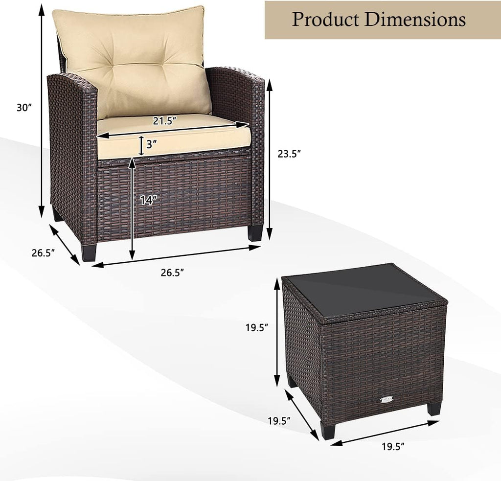 KOTEK 3 Piece Patio Furniture Set, Outdoor Conversation Set with Washable Cushions & Tempered Glass Tabletop, PE Rattan Wicker Bistro Set for Porch, Garden, Balcony (Beige)