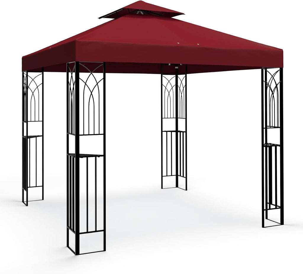 EAGLE PEAK Patio Gazebo 8x8 with Corner Shelves, Double Roof Outdoor Pavilion for Lawn, Deck, Garden and Backyard, Red