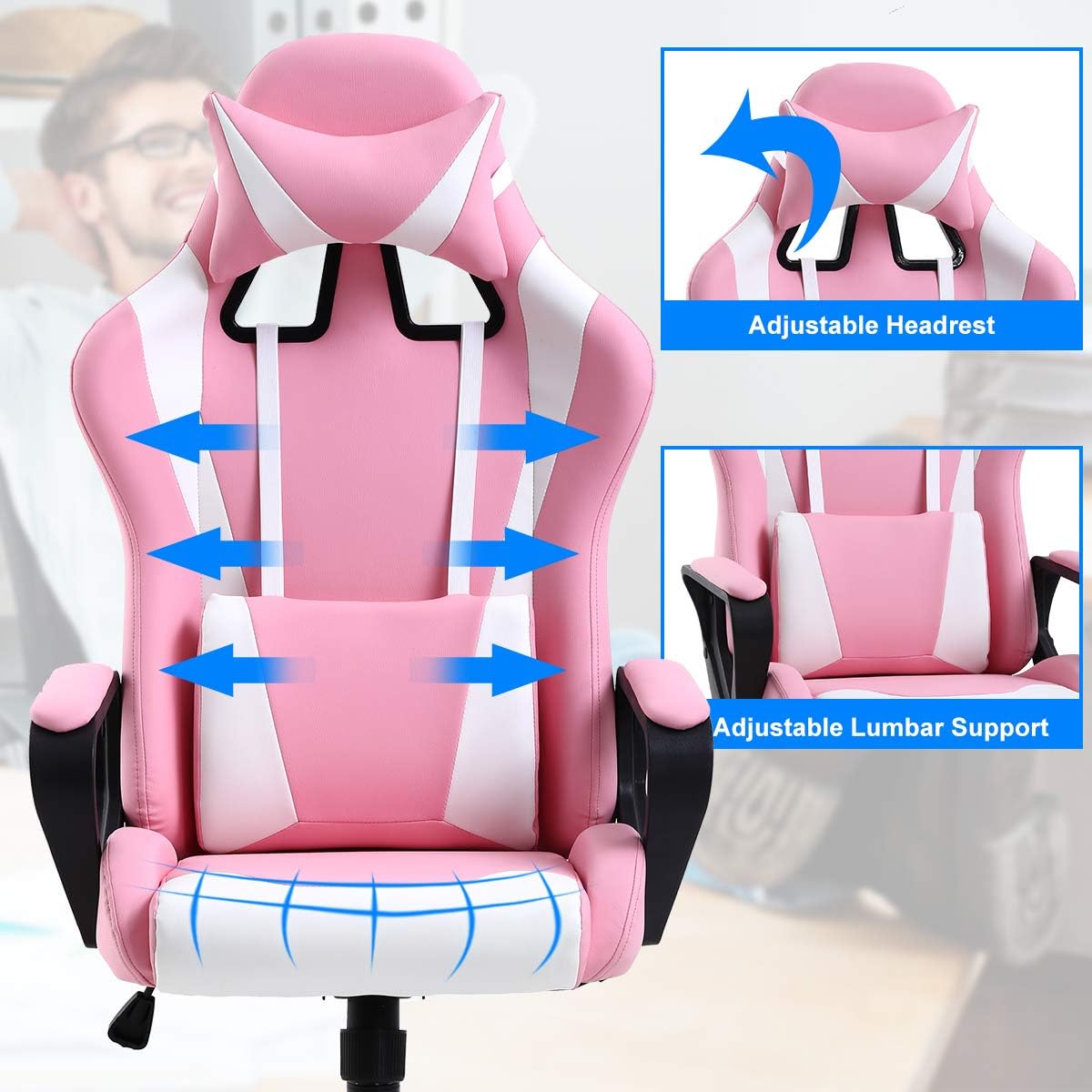 PC Gaming Chair Office Chair Racing Desk Chair with Lumbar Support Arms Headrest Massage High Back PU Leather Ergonomic Computer Chair Rolling Adjustable Swivel Chair for Women Men Adult, Pink