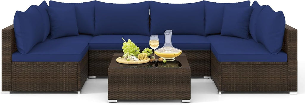 Tangkula 7 Piece Patio Wicker Furniture Set, Outdoor Rattan Sectional Sofa Set for 6 with Seat & Back Cushions, 2 Throw Pillows, Sofa Fastener Clips, for Backyard, Poolside, Deck (Mix Brown+Navy)