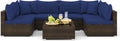 Tangkula 7 Piece Patio Wicker Furniture Set, Outdoor Rattan Sectional Sofa Set for 6 with Seat & Back Cushions, 2 Throw Pillows, Sofa Fastener Clips, for Backyard, Poolside, Deck (Mix Brown+Navy)