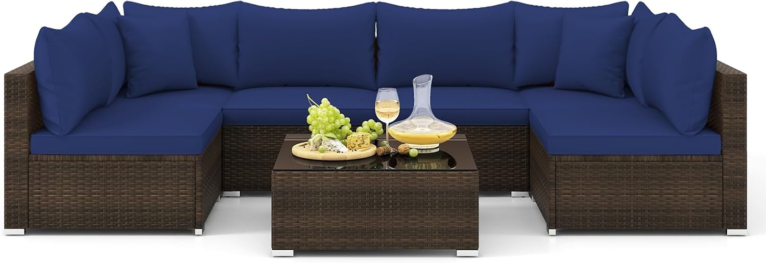 Tangkula 7 Piece Patio Wicker Furniture Set, Outdoor Rattan Sectional Sofa Set for 6 with Seat & Back Cushions, 2 Throw Pillows, Sofa Fastener Clips, for Backyard, Poolside, Deck (Mix Brown+Navy)