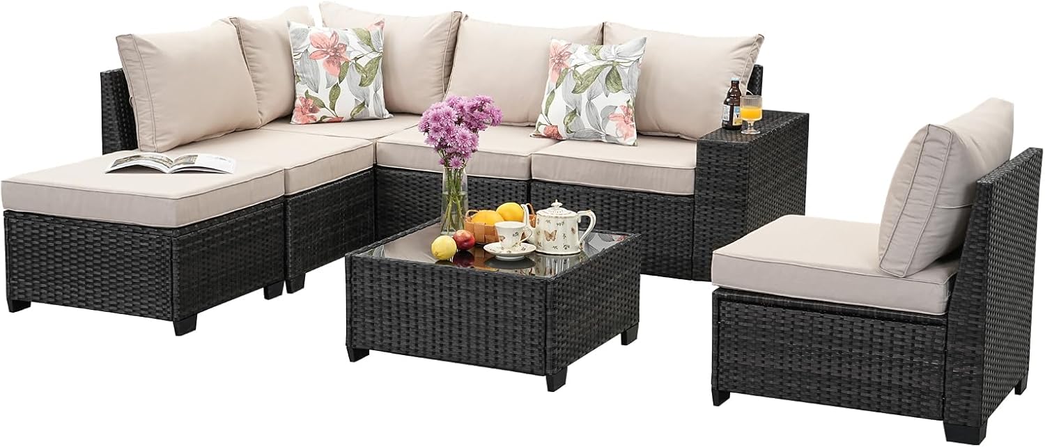 Jing's Villa 7-Piece Patio Furniture Set, All-Weather Outdoor Wicker Sectional Sofa with Cushions, Tempered Glass Table & Ottoman, Rattan Conversation Seating for Porch, Garden, Backyard,Beige