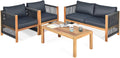 Tangkula Outdoor Wood Furniture Set, Acacia Frame Loveseat Sofa, 2 Single Chairs and Coffee Table, 4 Pieces Conversation Set with Cushions, Garden Balcony Poolside Living (1, Grey)