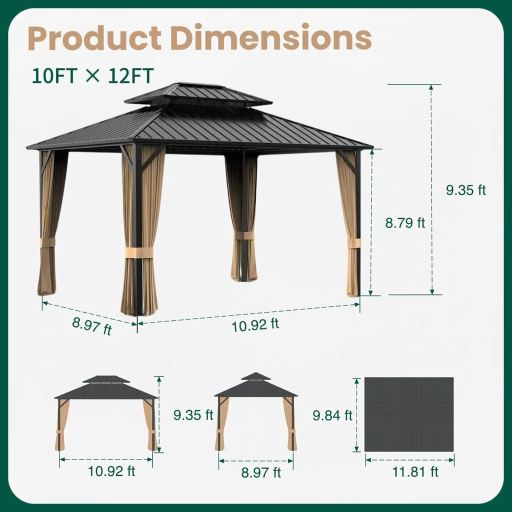 10x12ft Hardtop Gazebo, Metal Pavilion with Mesh Mosquito Netting & Curtains, All-Weather Outdoor Pergola for Garden, Patio, and Backyard（A Set of 2 Boxes）