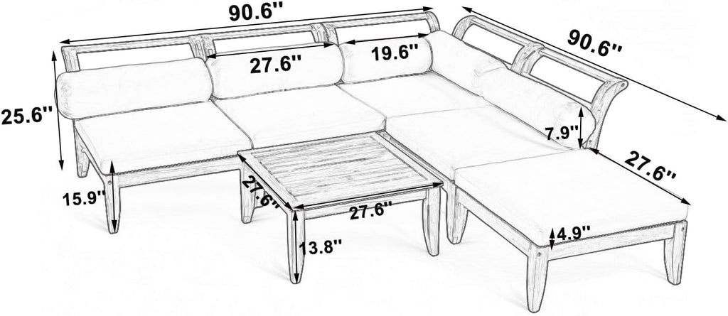 Merax 6 Pieces Patio Furniture Set, Outdoor L-Shaped Sectional Sofa Set with Coffee Table, Acacia Wood Conversation Seating & Cushions and Lumbar Pillows, for Garden, Poolside and Backyard, Teak+Beige