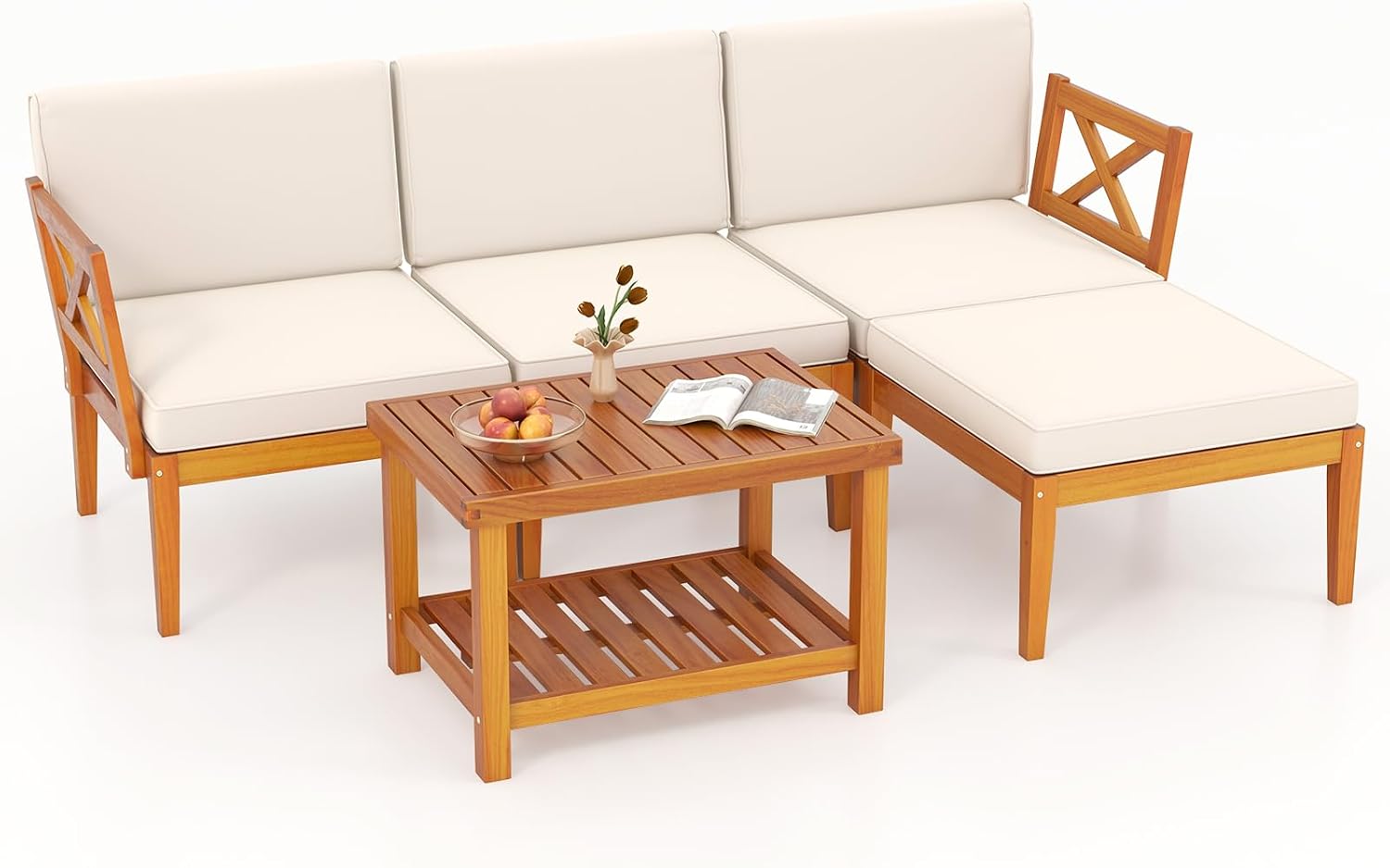 Tangkula L Shaped Outdoor Furniture Set, 5 Pieces Acacia Wood Patio Conversation Set, Modular Outdoor Lounge Sofa Set w/Cushions and Coffee Table for Garden, Backyard, Poolside