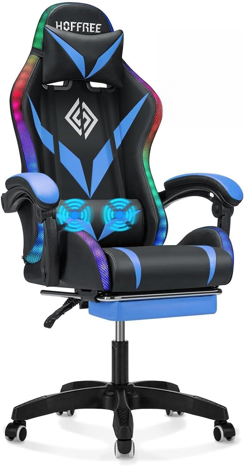 HOFFREE RGB Gaming Chair with Speakers and Massage Ergonomic Computer Chair with Lights and Footrest Reclining Video Game Chairs for Adults Blue and Black