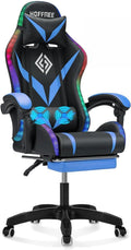 HOFFREE RGB Gaming Chair with Speakers and Massage Ergonomic Computer Chair with Lights and Footrest Reclining Video Game Chairs for Adults Blue and Black