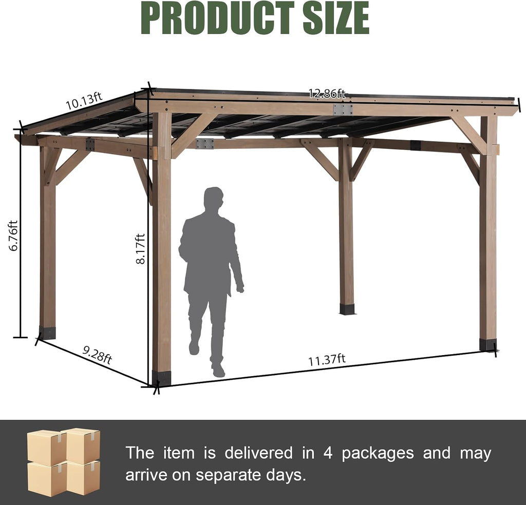 CHARMELEON 10x12 FT Cedar Wood Gazebo,Wooden Gazebo with 4.6in Thickened Posts&Sloped Galvanized Steel Roof,Permanent Hardtop Patio Pavilion for Outdoor, Patio, Backyard-Gray