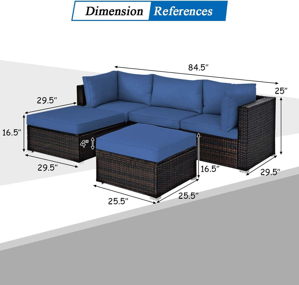 Tangkula 5 Piece Patio Furniture Set, Outdoor Sectional Rattan Sofa Set with Cushions and Coffee Table, Suitable for Backyard Porch Garden Poolside and Deck, Wicker Conversation Set (Navy Blue)