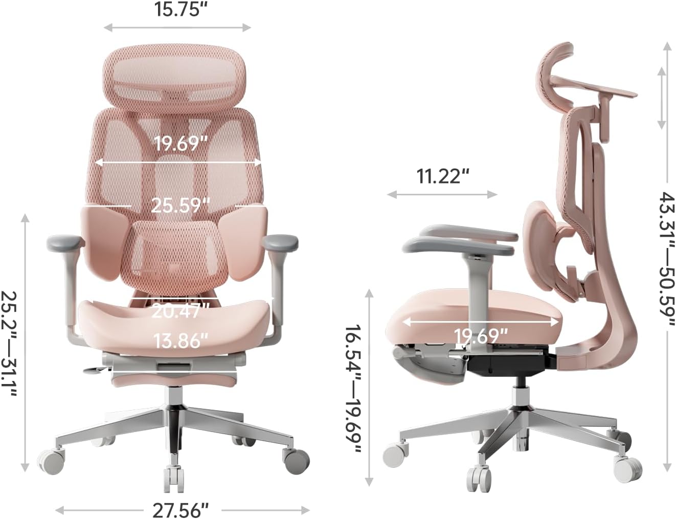 Hbada E3 Air Ergonomic Office Chair, Big and Tall Office Chair - with 3-Zone Dynamic Lumbar Support, 3D Adjustable Headrest, 4D Adjustable Armrests, Swivel, Pink(with Footrest)