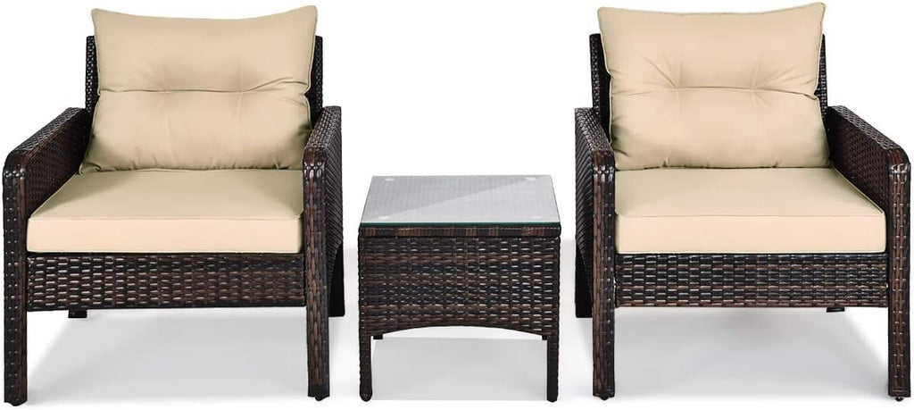Tangkula 3 Piece Outdoor Patio Furniture Set for 2, Wicker Chairs with Glass Top Coffee Table, Thick Cushions, All Weather Garden Lawn Poolside Backyard Porch (Brown)
