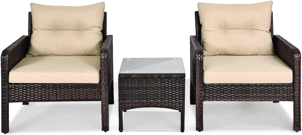 Tangkula 3 Piece Outdoor Patio Furniture Set for 2, Wicker Chairs with Glass Top Coffee Table, Thick Cushions, All Weather Garden Lawn Poolside Backyard Porch (Brown)