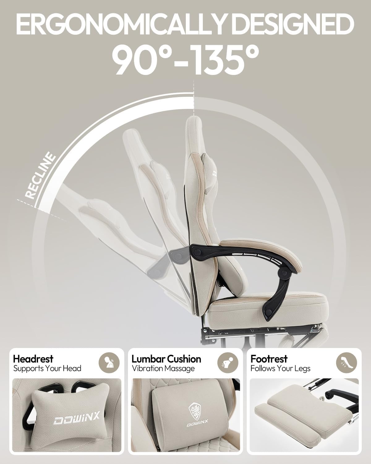 Dowinx Gaming Chair Breathable Fabric Game Chair with Gel Pad and Storage Bag, Comfortable Gamer Chair with Pocket Spring Cushion, Ergonomic Computer Chair with Footrest, Beige and Brown