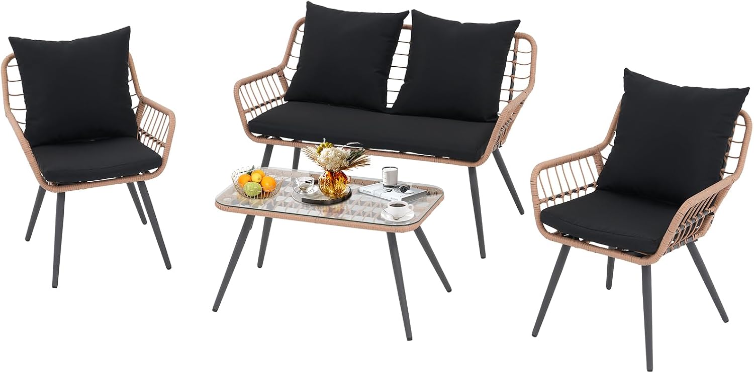 Verano Garden 4 Pieces Patio Furniture Set, Outdoor Wicker Patio Conversation Set for Porch Deck, Boho Loveseat & 2 Armchairs with Cushion and Pillow, Tempered Glass Table