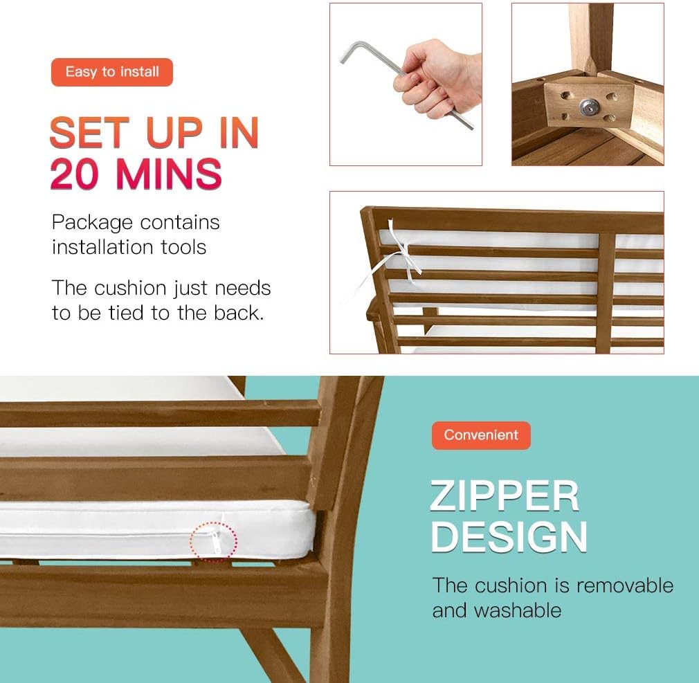 FDW 4-Piece Patio Conversation Set Acacia Wood Outdoor Sofa & Chairs with Coffee Table, Water-Resistant Cushions for Backyard, Garden, Balcony, Porch, Deck, Poolside, Beach Chat Set