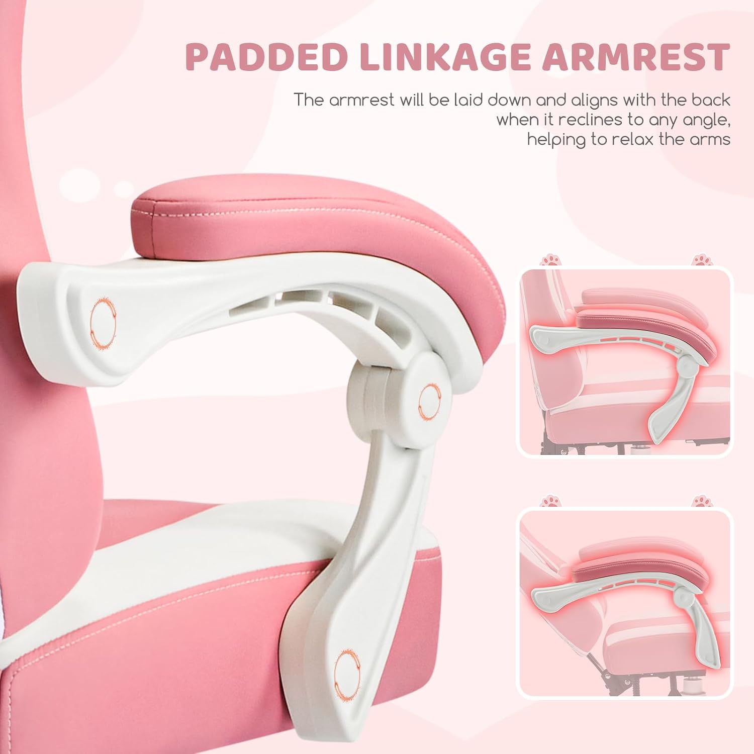 Gaming Chair, Pink Video Game Chairs for Adults with Cat Ears Pocket Spring Cushion Massage Lumbar Support & Headrest, Ringing Accessories Cute Leather Ergonomic Computer Chair for Girls, Pink/White