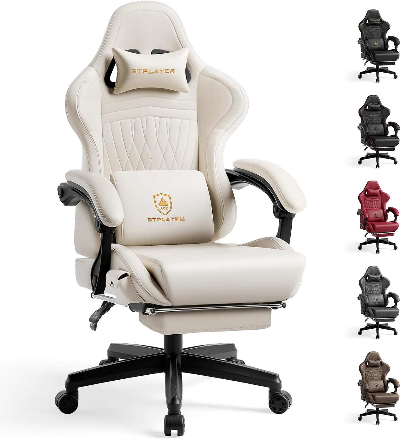 GTPLAYER Gaming Chair with Speakers, Video Game Chairs with Footrest, PC Gamer Chairs for Adults - Padded High Back Ergonomic Reclining Silla Gamer, Linkage Armrest, Ace Pro, Ivory