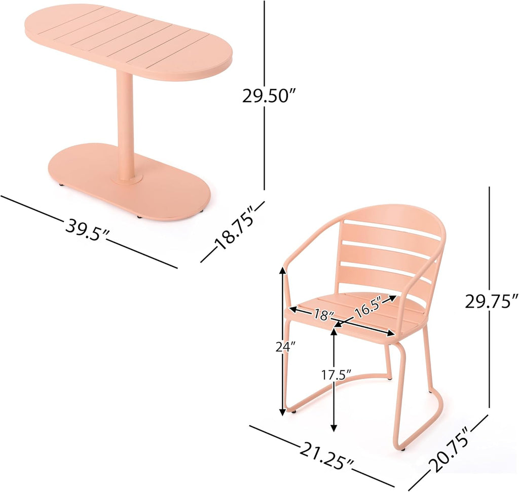 Christopher Knight Home Adley Outdoor Bistro Set, 3-Piece Bistro Table and Chair Set of 2, Patio Furniture Set with Iron Frame, Bistro Dining for Poolside Garden Cafeteria, Matte Coral