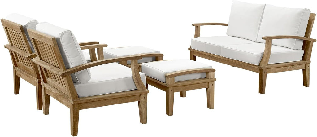 Modway Marina Premium Grade A Teak Wood 5-Piece Outdoor Patio Furniture Set in Natural White