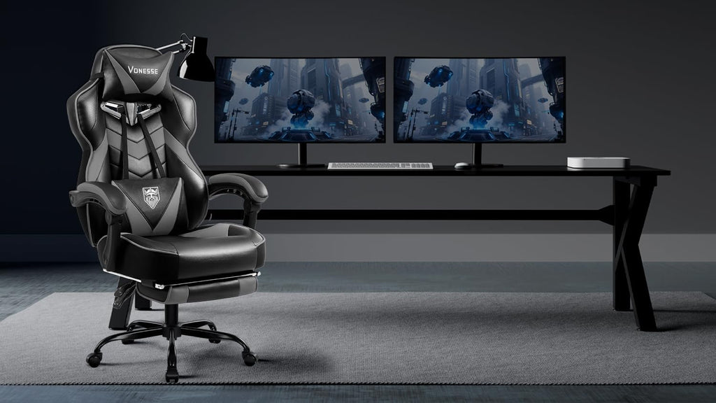 Vonesse Gaming Chair, High Back Gaming Chair with Footrest and Massage, Gaming Chairs for Adults with Pocket Spring Cushion, Big and Tall Reclining Computer Chair with Lumbar Support (Grey/Black)
