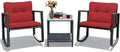 COSTWAY 3 Pieces Patio Rattan Rocking Chair Set, Outdoor Conversation Furniture Sets with Coffee Table, Storage Shelf and Cushions, Modern Bistro Set for Porch, Backyard, Garden, Red