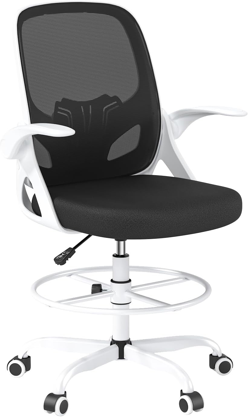 Kensaker Drafting Chair Tall Office Chair, Ergonomic Standing Desk Chair with Adjustable Foot Ring and Flip-up Armrests, Mesh Computer Chair for Art Studio, 300 LBS, White