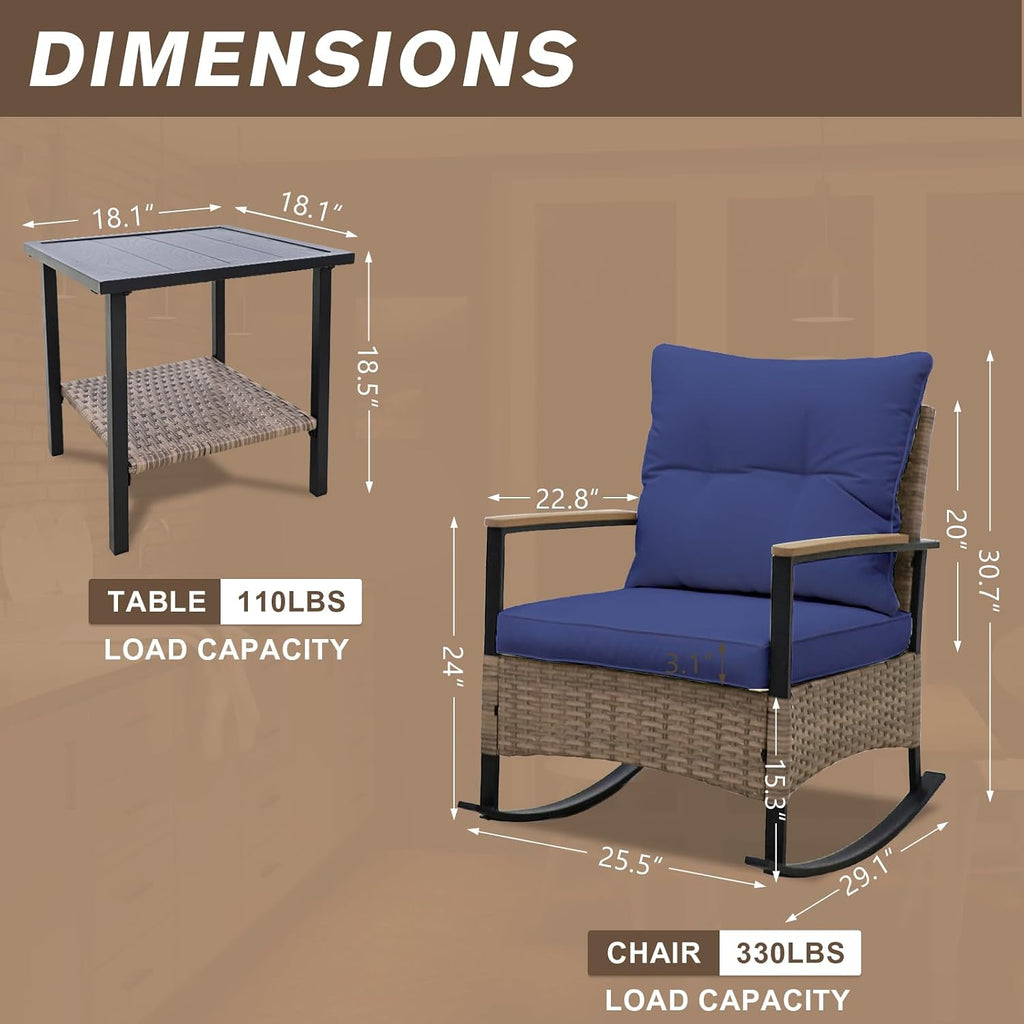 COOS BAY Sunset Haven 3 Piece Outdoor Patio Furniture Set, Rocking Chairs with Side Table, Wicker Patio Bistro Set, Brown/Blue